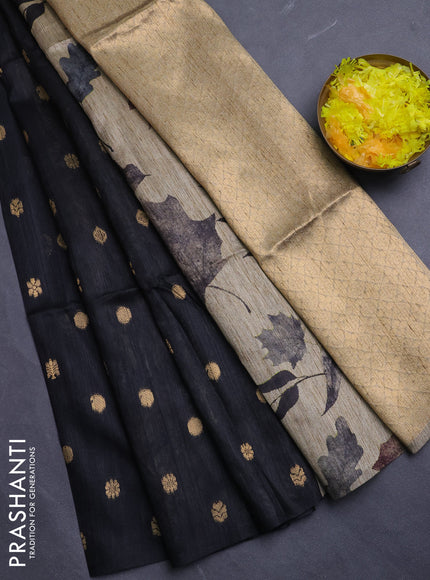 Art dupion saree black and beige with allover zari woven buttas and printed pallu