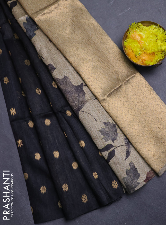 Art dupion saree black and beige with allover zari woven buttas and printed pallu