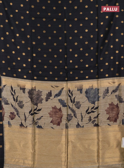Art dupion saree black and beige with allover zari woven buttas and printed pallu