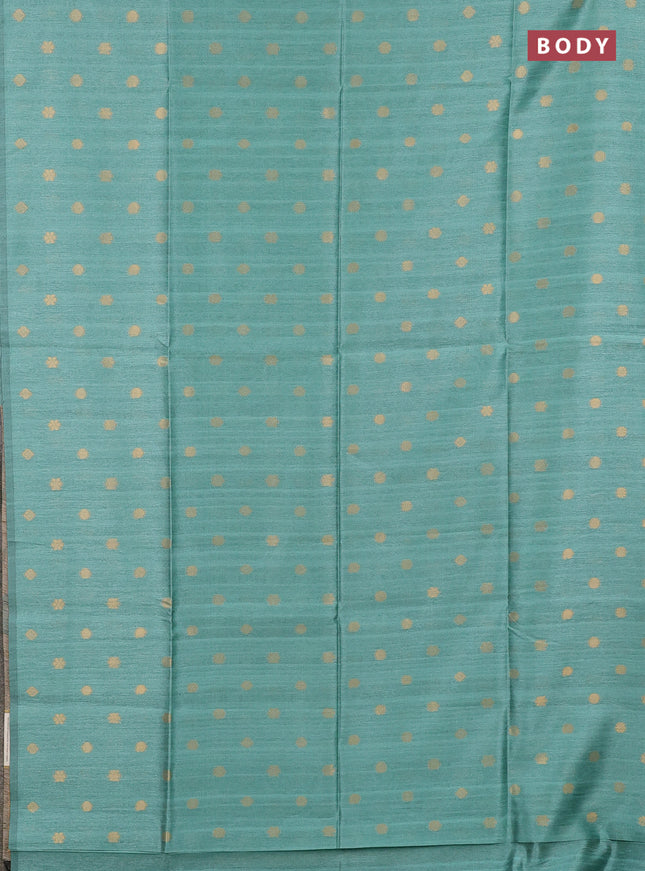 Art dupion saree teal green and beige with allover zari woven buttas and printed pallu