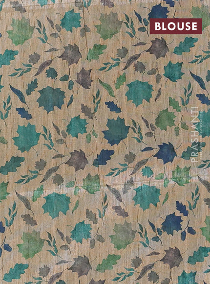 Art dupion saree teal green and beige with allover zari woven buttas and printed pallu