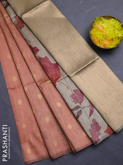 Art dupion saree orange shade and beige with allover zari woven buttas and printed pallu
