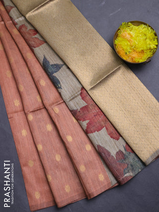Art dupion saree orange shade and beige with allover zari woven buttas and printed pallu