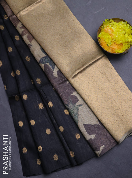 Art dupion saree black and beige with allover zari woven buttas and printed pallu