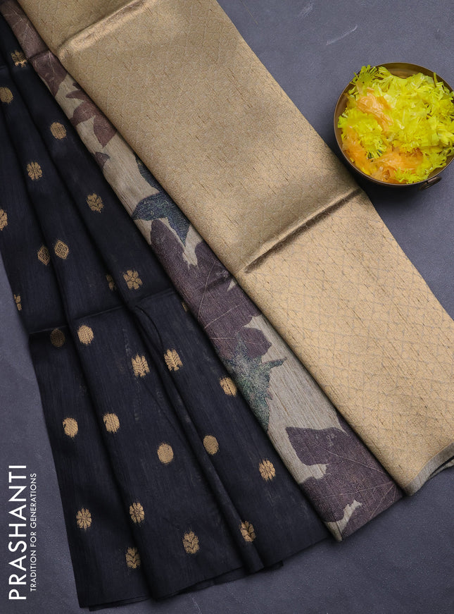 Art dupion saree black and beige with allover zari woven buttas and printed pallu