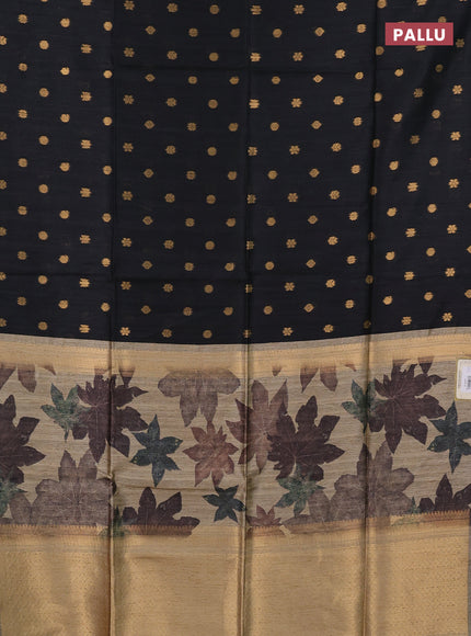 Art dupion saree black and beige with allover zari woven buttas and printed pallu
