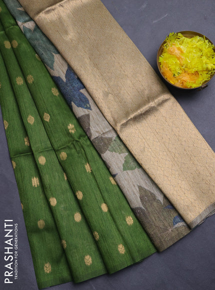 Art dupion saree green and beige with allover zari woven buttas and printed pallu