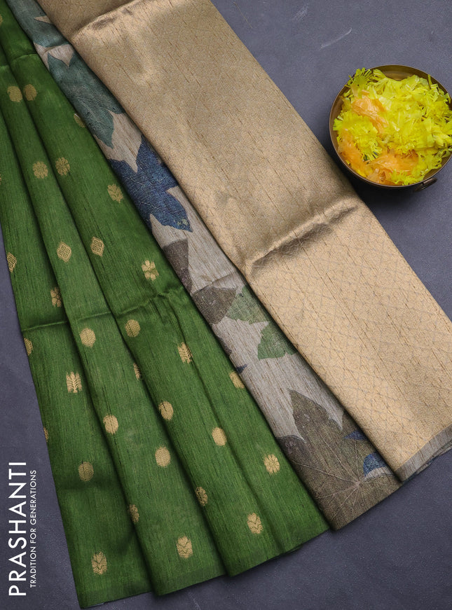 Art dupion saree green and beige with allover zari woven buttas and printed pallu