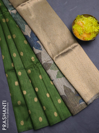 Art dupion saree green and beige with allover zari woven buttas and printed pallu