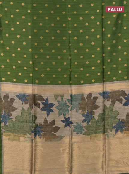 Art dupion saree green and beige with allover zari woven buttas and printed pallu