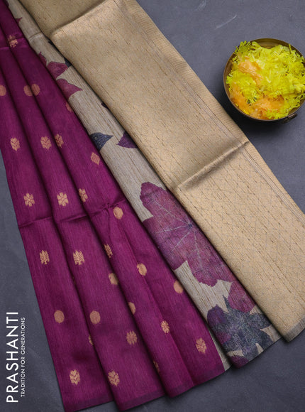 Art dupion saree dark magenta and beige with allover zari woven buttas and printed pallu