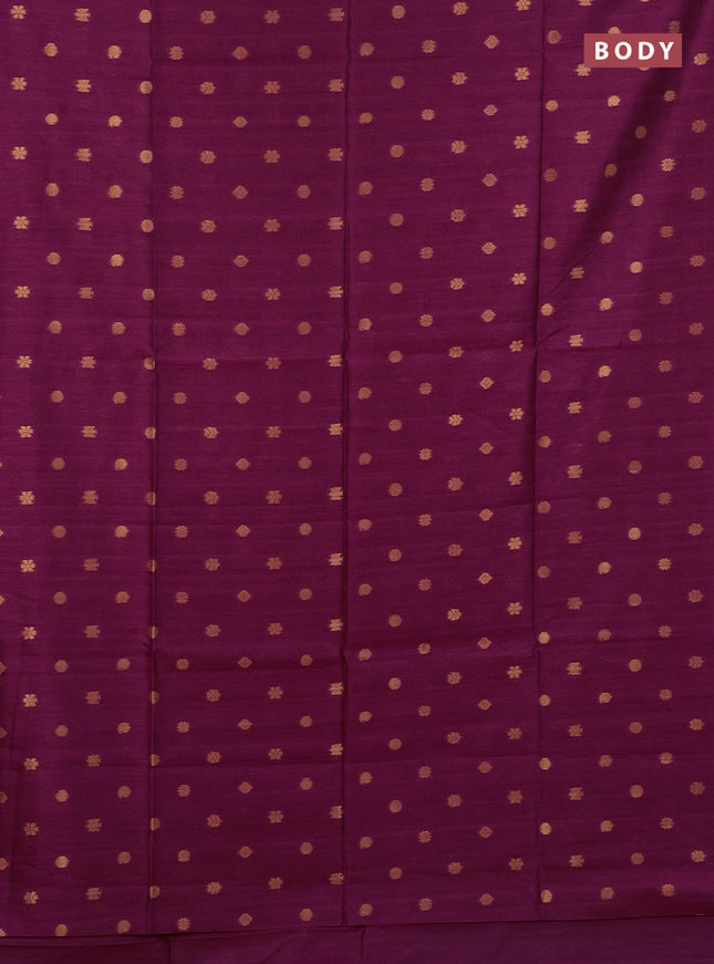 Art dupion saree dark magenta and beige with allover zari woven buttas and printed pallu