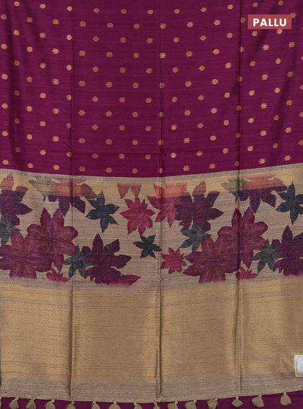 Art dupion saree dark magenta and beige with allover zari woven buttas and printed pallu