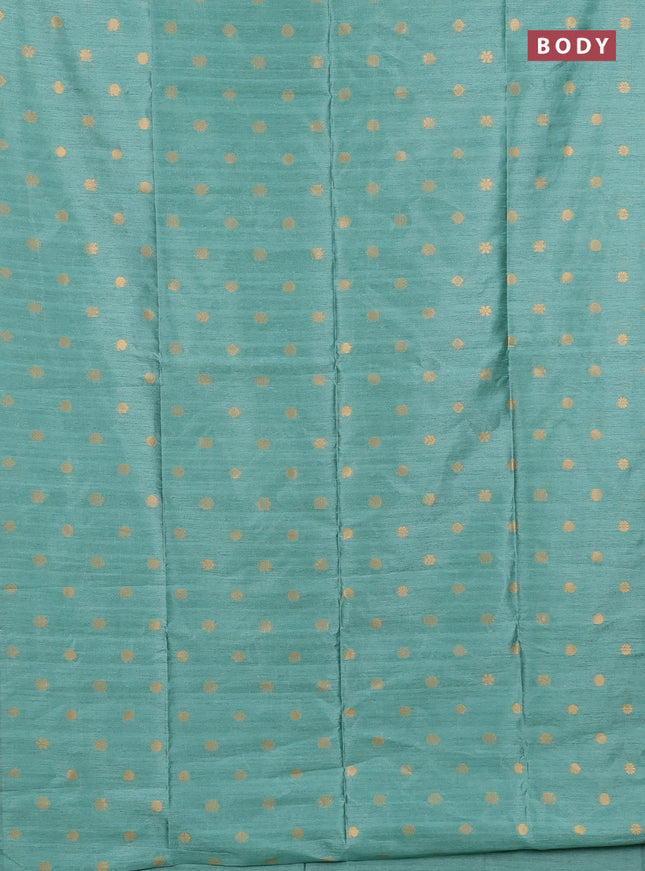 Art dupion saree teal green and beige with allover zari woven buttas and printed pallu