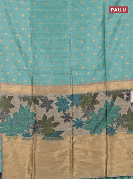 Art dupion saree teal green and beige with allover zari woven buttas and printed pallu