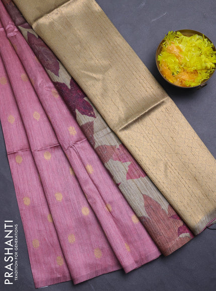 Art dupion saree peach pink and beige with allover zari woven buttas and printed pallu
