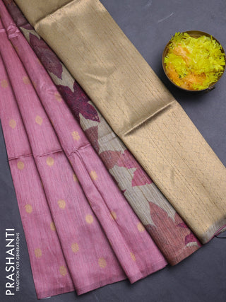 Art dupion saree peach pink and beige with allover zari woven buttas and printed pallu