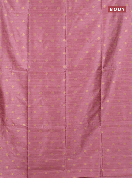 Art dupion saree peach pink and beige with allover zari woven buttas and printed pallu