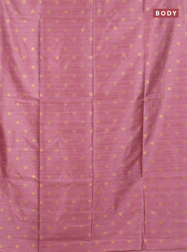 Art dupion saree peach pink and beige with allover zari woven buttas and printed pallu