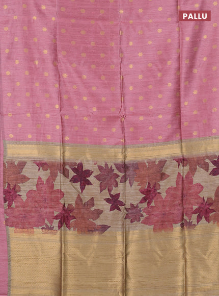 Art dupion saree peach pink and beige with allover zari woven buttas and printed pallu