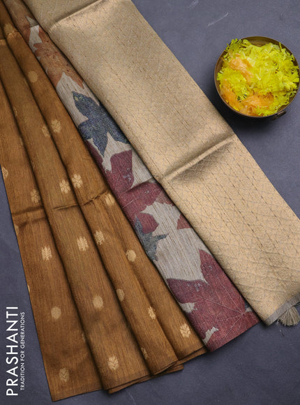 Art dupion saree dark mustard and beige with allover zari woven buttas and printed pallu