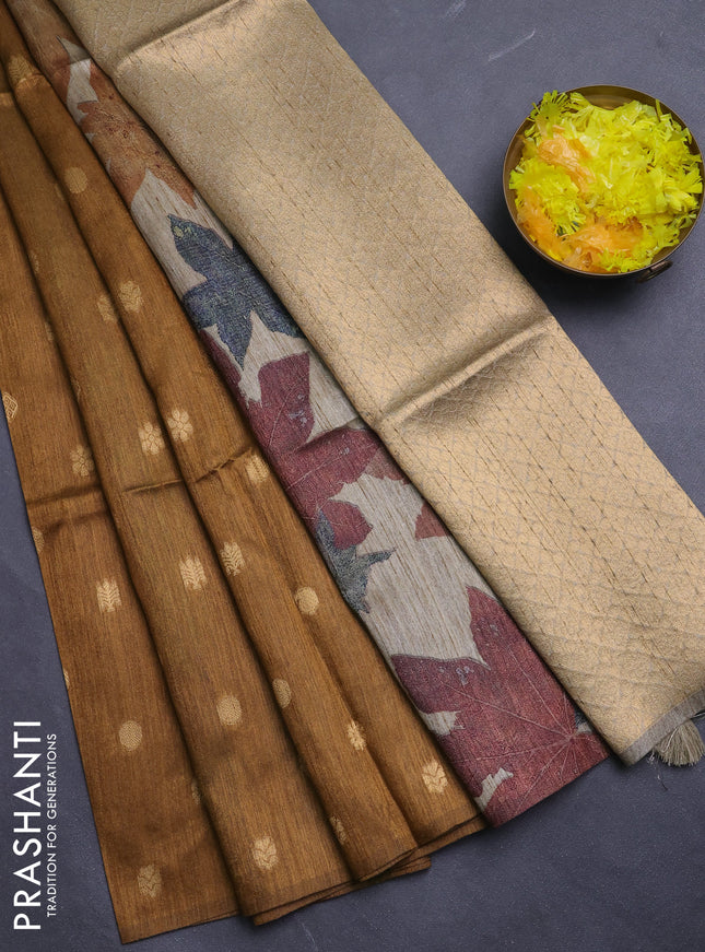 Art dupion saree dark mustard and beige with allover zari woven buttas and printed pallu