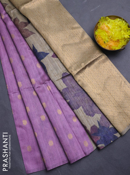 Art dupion saree lavender and beige with allover zari woven buttas and printed pallu