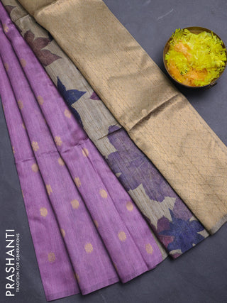 Art dupion saree lavender and beige with allover zari woven buttas and printed pallu