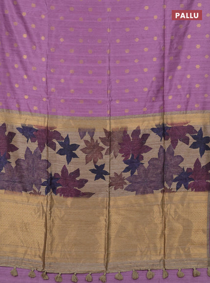 Art dupion saree lavender and beige with allover zari woven buttas and printed pallu