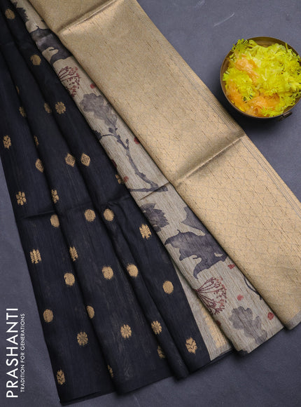 Art dupion saree black and beige with allover zari woven buttas and printed pallu