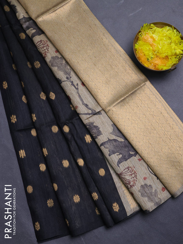 Art dupion saree black and beige with allover zari woven buttas and printed pallu