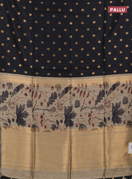 Art dupion saree black and beige with allover zari woven buttas and printed pallu