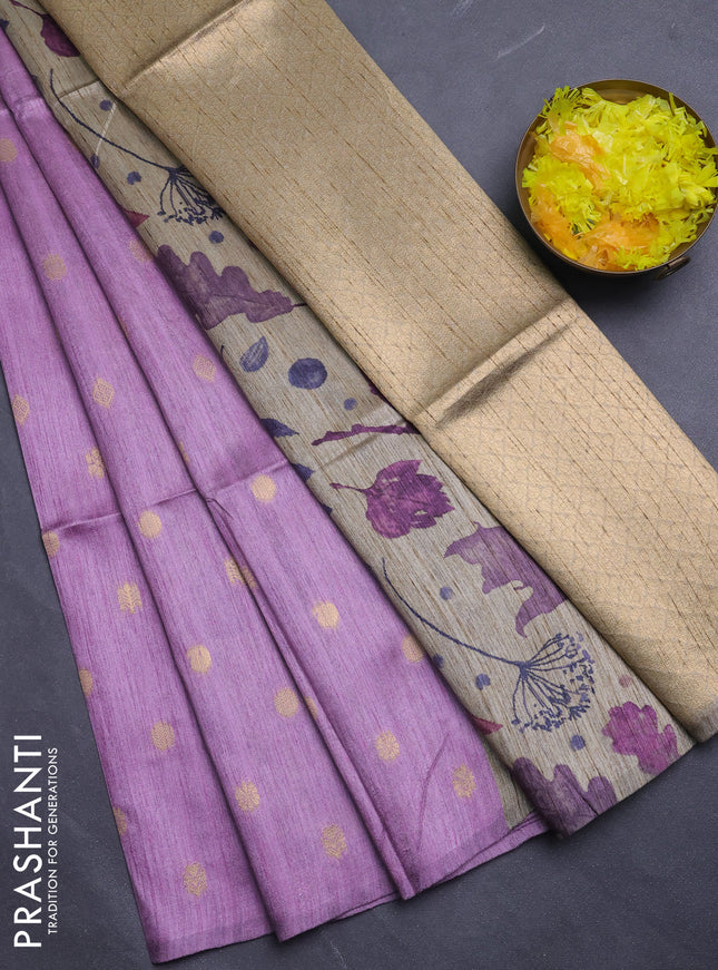 Art dupion saree lavender and beige with allover zari woven buttas and printed pallu
