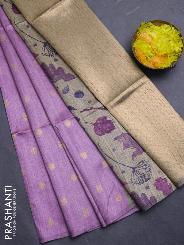 Art dupion saree lavender and beige with allover zari woven buttas and printed pallu