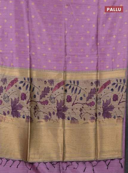 Art dupion saree lavender and beige with allover zari woven buttas and printed pallu