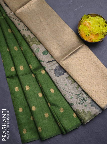 Art dupion saree green and beige with allover zari woven buttas and printed pallu
