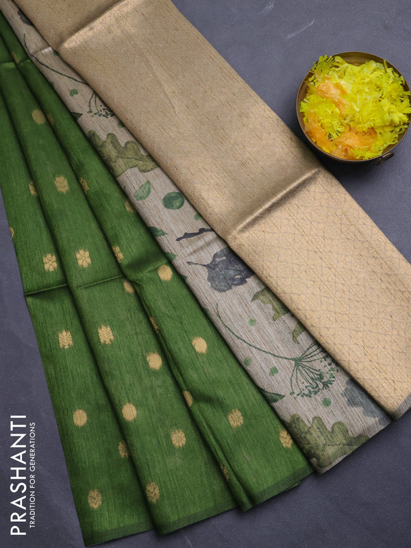 Art dupion saree green and beige with allover zari woven buttas and printed pallu