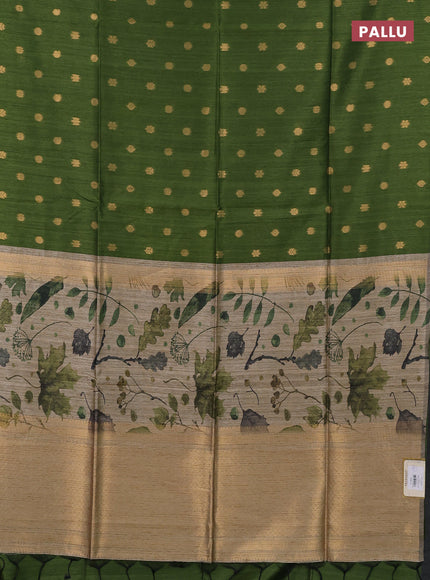 Art dupion saree green and beige with allover zari woven buttas and printed pallu