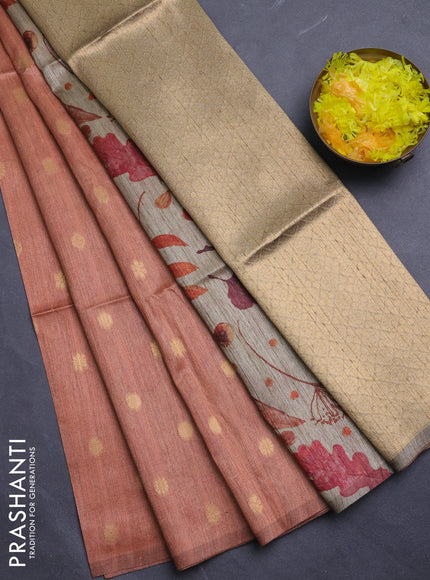Art dupion saree orange and beige with allover zari woven buttas and printed pallu