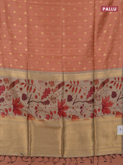 Art dupion saree orange and beige with allover zari woven buttas and printed pallu