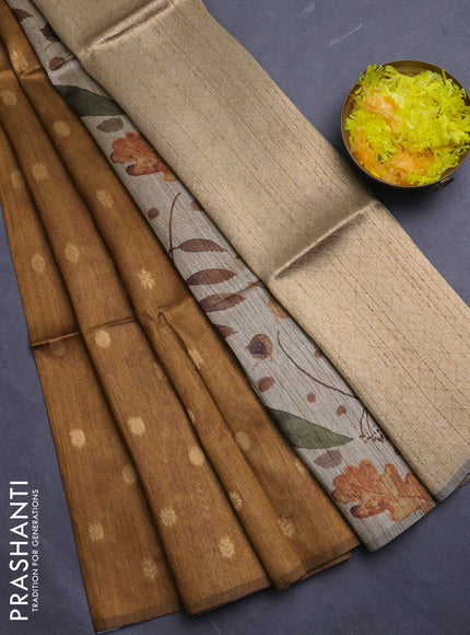 Art dupion saree dark mustard and beige with allover zari woven buttas and printed pallu