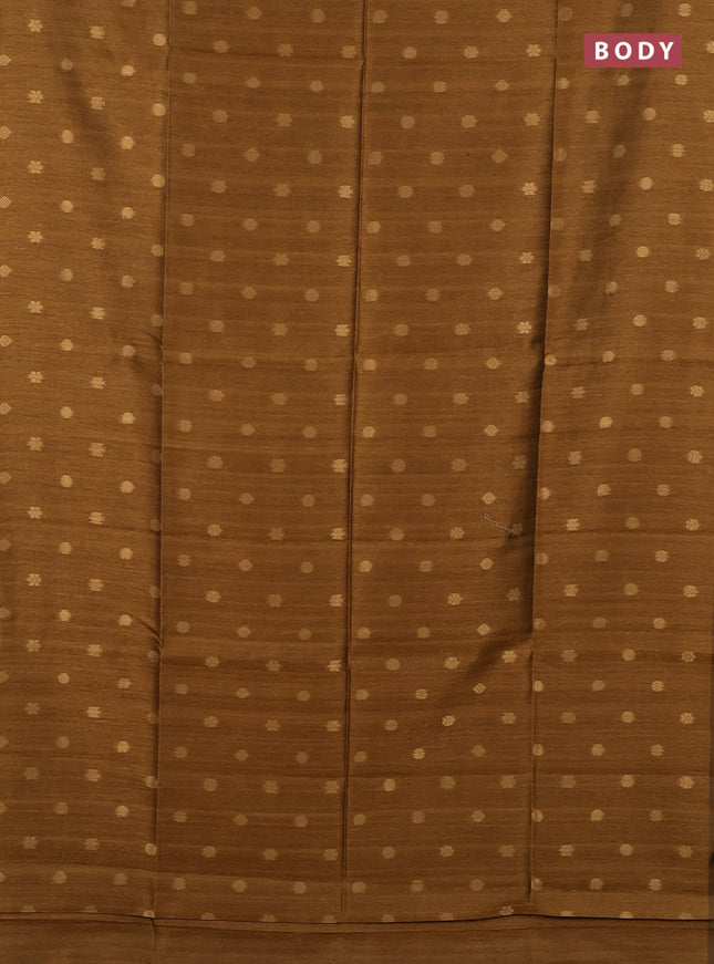 Art dupion saree dark mustard and beige with allover zari woven buttas and printed pallu