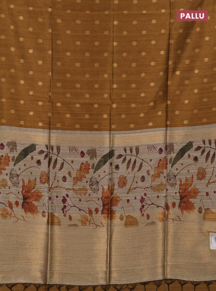 Art dupion saree dark mustard and beige with allover zari woven buttas and printed pallu