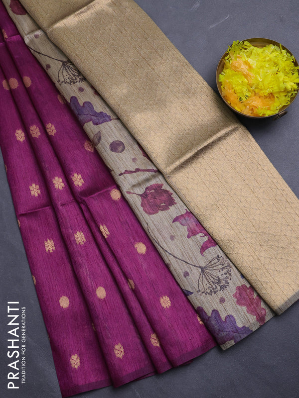 Art dupion saree dark magenta and beige with allover zari woven buttas and printed pallu