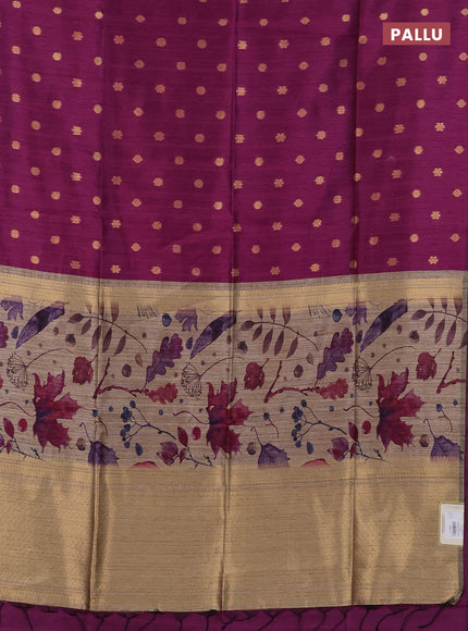 Art dupion saree dark magenta and beige with allover zari woven buttas and printed pallu
