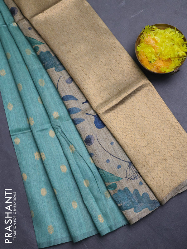 Art dupion saree teal green and beige with allover zari woven buttas and printed pallu
