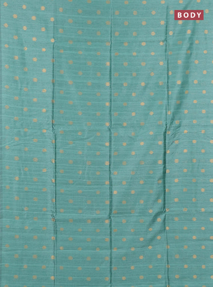Art dupion saree teal green and beige with allover zari woven buttas and printed pallu