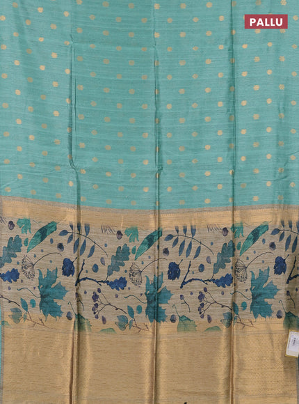 Art dupion saree teal green and beige with allover zari woven buttas and printed pallu