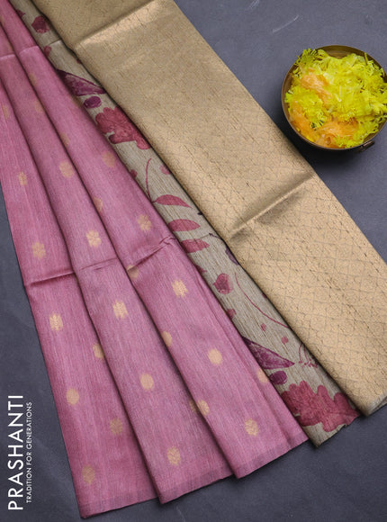 Art dupion saree pink and beige with allover zari woven buttas and printed pallu