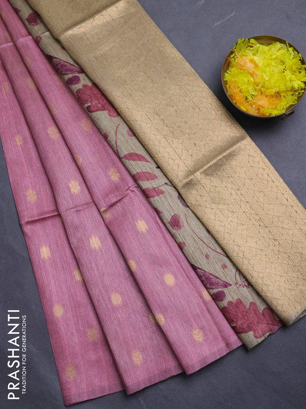 Art dupion saree pink and beige with allover zari woven buttas and printed pallu